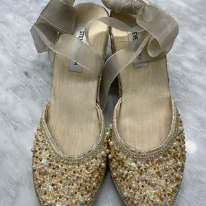 Size 7, beaded sandals with ribbon ties.